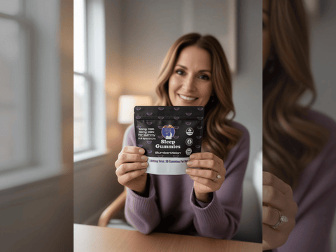 Woman holding a bag of Nature’s Bloom CBD sleep gummies, best gummy for sleep in 2026