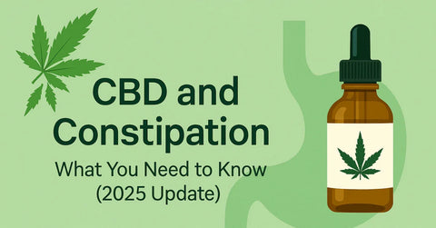 CBD and constipation blog header with hemp leaves and digestive health icon
