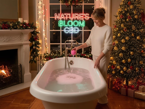 CBD bath bombs creating a relaxing holiday bath experience, perfect for thoughtful CBD holiday gifts in 2025.