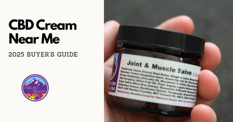 Hand holding a jar of CBD Joint and Muscle Salve with overlay text reading “2025 Buyer’s Guide”