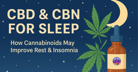 CBD and sleep blog header — calming illustration with moon, stars, and text about how CBD and CBN may support rest and insomnia relief.