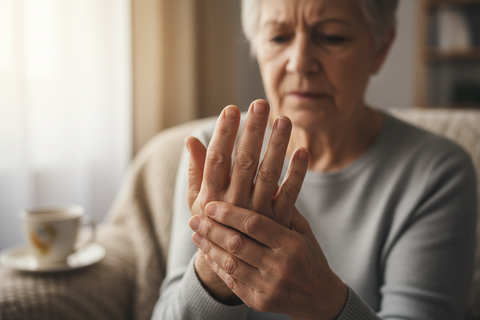 Woman with pain in her hands holding them.