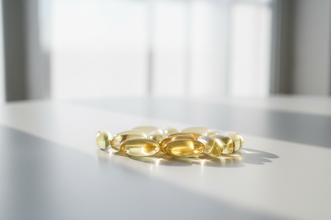 Yellow CBD Gel Capsules on Table