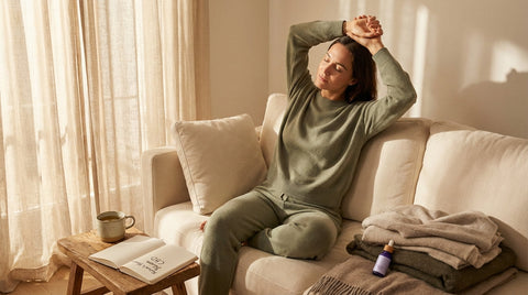Person relaxing on a couch in a calm home environment as part of a wellness and recovery routine