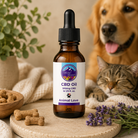 CBD oil bottle for animals with a dog and cat in the background