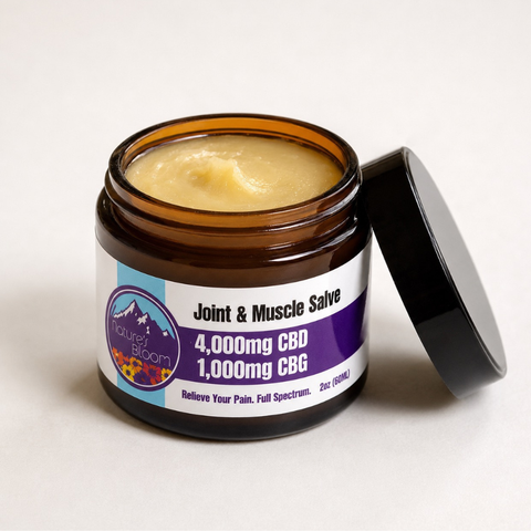 Jar of joint and muscle salve with CBD and CBG content on a white background