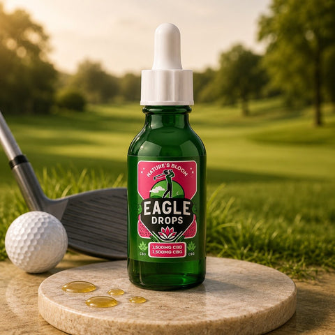 Bottle of 'Eagle Drops' on a wooden coaster with a golf ball and club in the background.