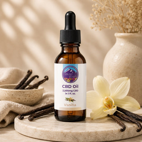 CBD oil dropper bottle with vanilla beans and an orchid on a neutral background